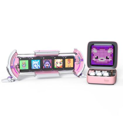 Ditoo Pink+Times Gate Pink – Cute Pixel Display Art Bluetooth Speaker and Gaming Digital Clock Desk Setup with APP Home Decor